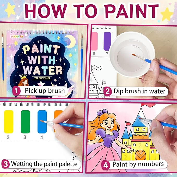 SOCOLER Paint with Water Coloring Books for Kids,Unicorn Theme Mess Free Watercolor Painting Papers Sets for Toddlers,Water Color Paint Kit,Art Craft Birthday Gift for Ages 1-3, 4-8