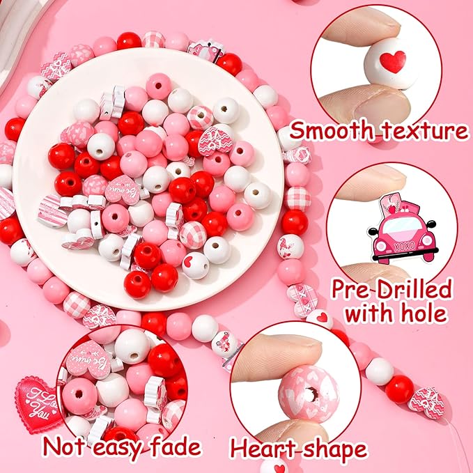 Waydress 200 Pcs Valentines Day Wooden Beads Hearts Beads Pink Red Farmhouse Beads Colorful Round Wooden Beads Natural Loose Beads for DIY Crafts Garland Wedding Home Decor