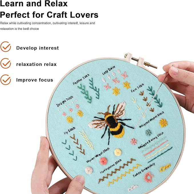JOINRUN Beginner Embroidery Kit for Adults, 3 Pack Cross Stitch Kits with Pre-Printed Patterns, Threads, Needles, Learn Stitches with 7.8" Hoop, Video Tutorial, DIY Needlework Craft Gift for Women