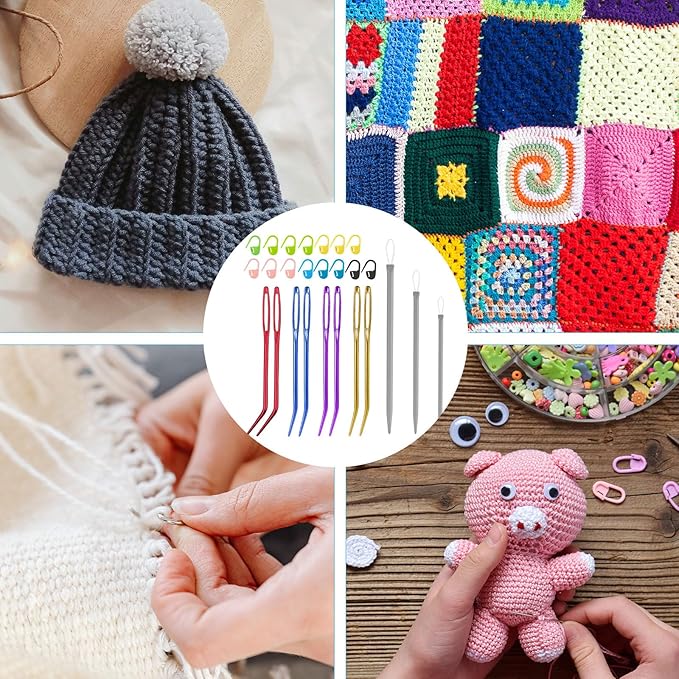 26 Pcs Large Eye Sewing Needles Kit, Yarn Darning Tapestry Needle Set Big Eye Sewing Needles Bent Curved Tip Crochet Needles Stitch Markers Accessories for Weaving Quilting Beading Project Supplies