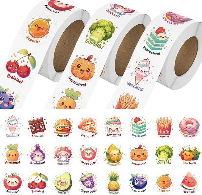 3 rolls cute food stickers for toddlers 2-4, 24 designs fruit/vegetable/snack stickers bulk for kids, 1500 pcs motivational vinyl stickers for teacher classroom prizes, homeschool supplies(1.0 inch)