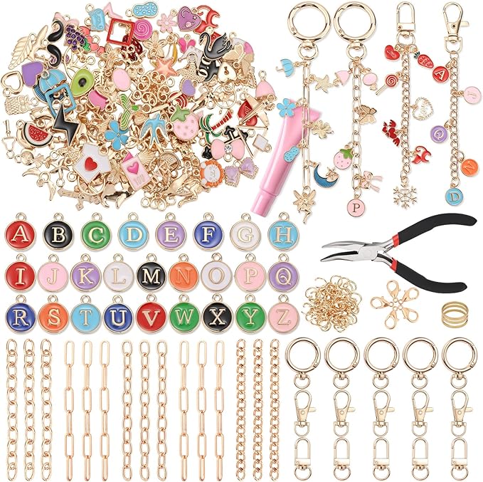 selizo 263Pcs Charms Lip Gloss Keychain Making Kit, DIY Craft Supplies with Charms, Key Chain Hooks, Jump Rings, Lobster Clasps, Chains & Tools, Jewelry Making Kit for Custom Keychains, Bags, Gifts