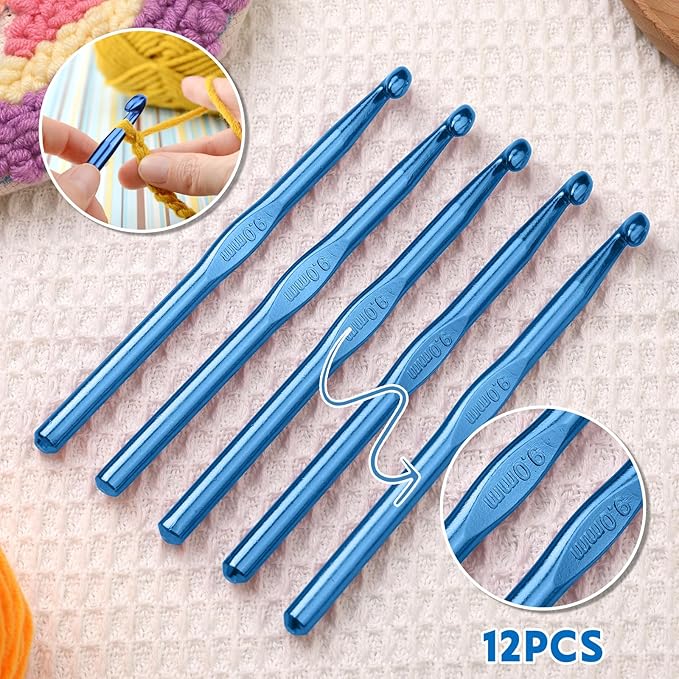 UzecPk 12Pcs 9mm Crochet Hooks, Aluminum Crochet Hook for DIY Craft, Crochet Hook Bulk for Crocheting Yarn Knitting Weave Beginners Women Adults