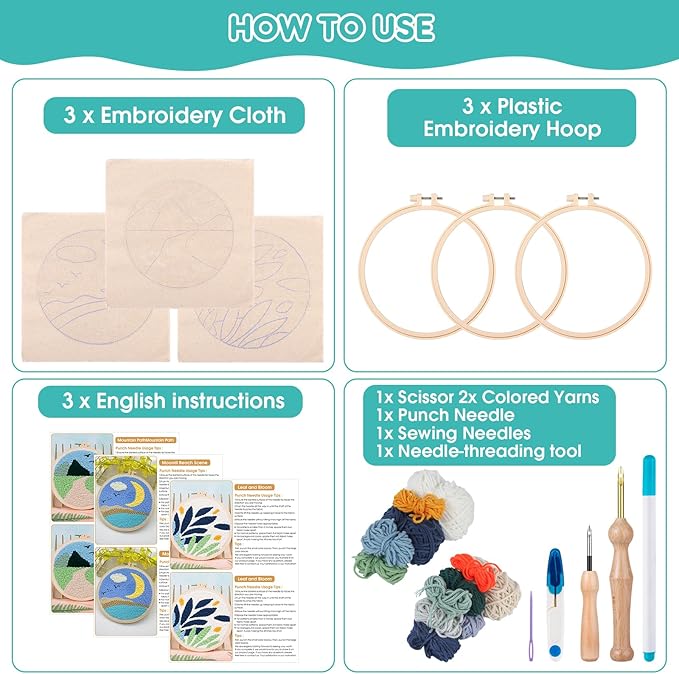 Zuaooz 3 Sets Punch Needle Kits,Whale Fox and Snow Punch Embroidery Kits for Adults Beginner, Tool with Punch Needle Fabric, Hoops, Yarns and Sewing Needles