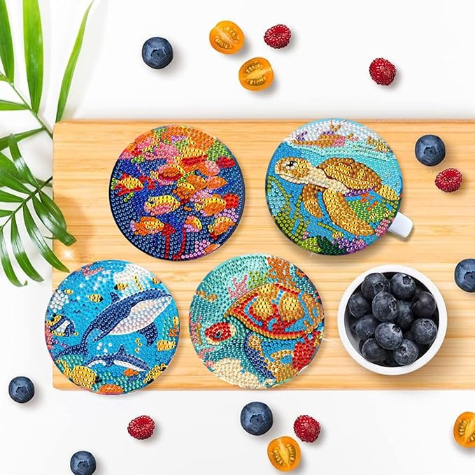 EWJRNSF 8 PCS Small Diamond Art Coasters Kits, Diamond Painting Coasters, Fall Diamond Art Kits for Adults Beginners, Arts and Crafts Item Sets with Holder for Drinks Ocean Style
