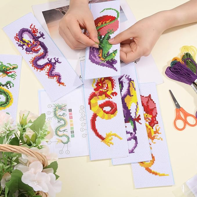 ORIGACH 6 Pcs Cross Stitch Bookmark Kit for Beginner Dragon Pattern Stamped Embroidery Stitch Kits for Starter DIY Bookmarks Printed Cross Stitch Kits with 13 Colors Embroidery Floss