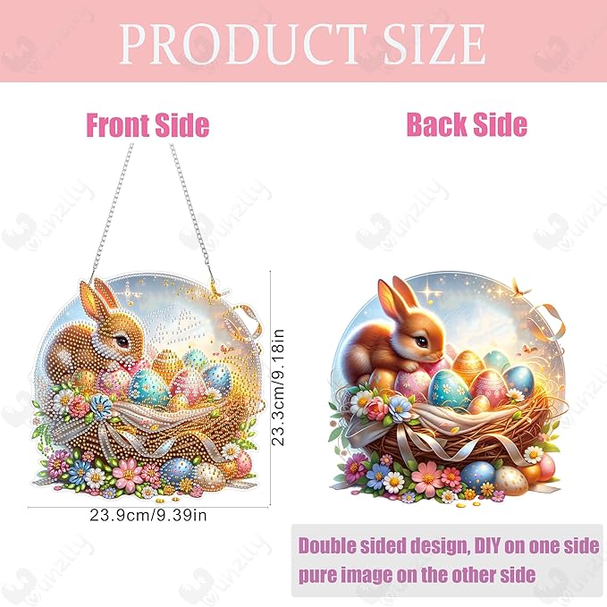 Yunzlly DIY Hanging Diamond Art Pendant Kit, Special Crystal Double Sided Diamonds Painting Ornament Kit for Adults, Acrylic Gem Painting Board for Window&Door&Wall (Rabbit and Eggs)