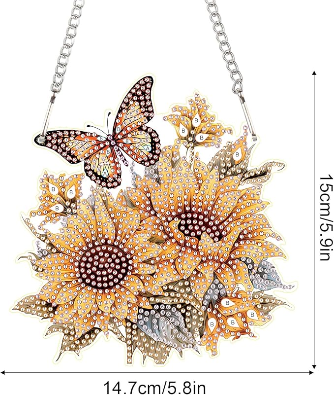 AiYuanzsh Sunflower Butterfly Diamond Painting Hanging Ornament Kit – DIY 5D Crystal Art Suncatcher for Home Wall Window Decoration, Handmade Craft Gift for Adults