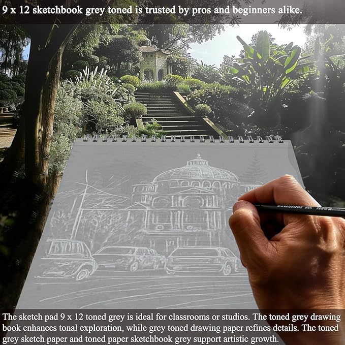 fuxi toned grey sketch pad, 9x12 spiral sketchbook, 60 sheets (85lb/130gsm) art paper, artist paper for drawing with pencil, charcoal for artists & students, art class.
