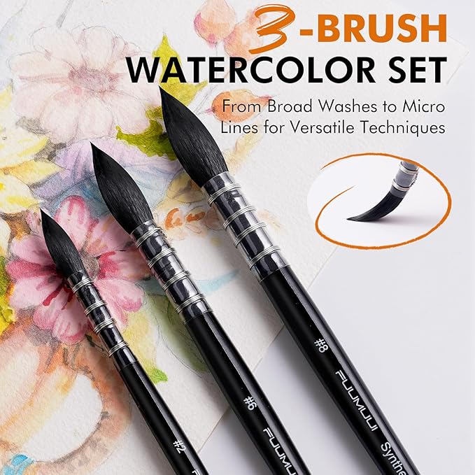 Watercolor Brushes Set, 3Pcs Fuumuui Round Quill Mop Fine Tips Watercolor Paint Brush, Soft Synthetic Squirrel Bristles, Short Handles for Watercolor Gouache Ink Painting - Sizes #2 6 8