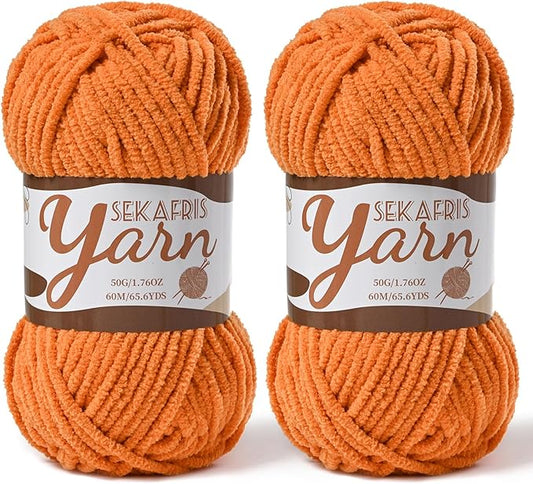 2 Pack Fluffy Velvet Yarn for Crocheting，Baby Blanket Yarn for Crocheting Soft，100g(131yds) Amigurumi Yarns，Plush Chenille Crochet Yarns，Puzzle Yarn for Crochet Weaving Craft(2 Orange)