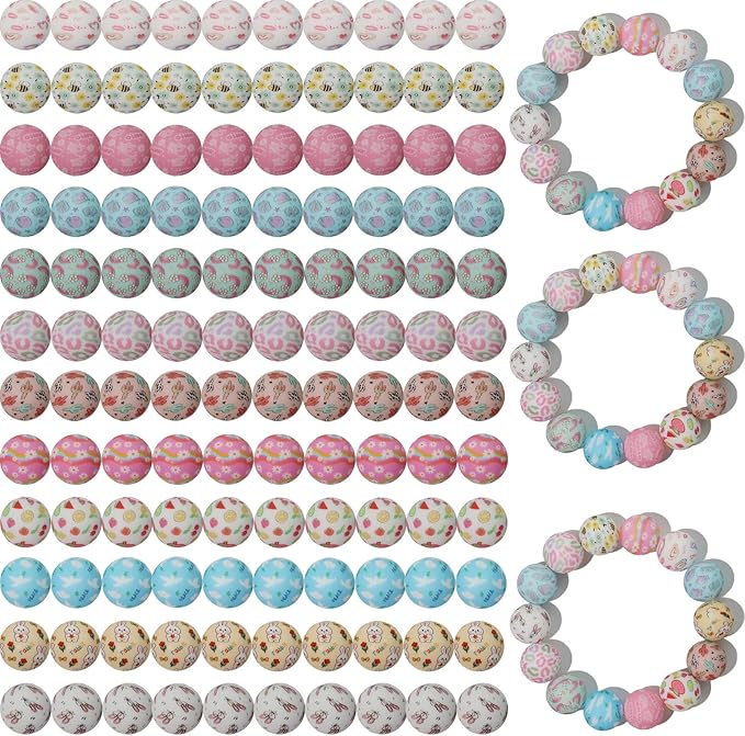 120pcs Richbunnys 15mm Bulk Silicone Beads for Pens and Keychain Making,Large Bead for Necklace and Bracelets Making,Assorted Rubber Beads Set(Print Cartoon)