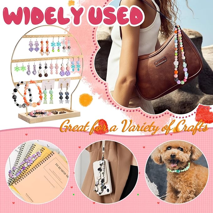 RYKOMO 600-700PCS Acrylic Beads for Bracelet Making Kit, with Bell, String, Key Rings, Clips in 6 Colors Kawaii Aesthetic Cute Beads for Jewelry Making, Keychains, Phone Charms, DIY Crafts