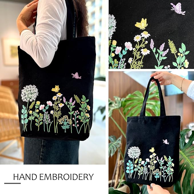 Canvas Tote Bag Embroidery Kit, Embroidery Kit for Beginners Adults, Embroidery Starter kit with Flower Pattern, Canvas Bag Cross Stitch Kits, Cross Stitch Kit with Hoops, Color Threads and Tool