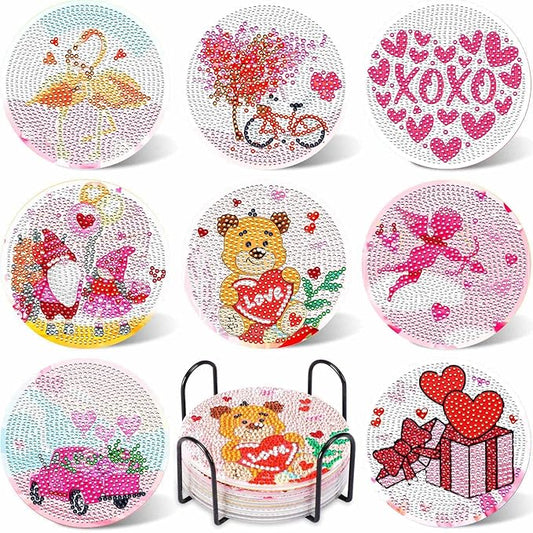 UPINS 8Pcs Valentine's Day Diamond Art Painting Coasters for Drinks DIY Life Coaster Diamond Art Kits for Adults Kids Beginners Diamond Art Craft Supplies