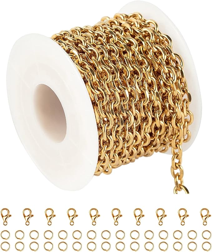 YOUBEIYEE 16.4 Feet Gold Plated Jewelry Making Chain 304 Stainless Steel Cable Necklace Link Chain with Open Jump Rings and Lobster Clasps Jewelry Supplies Findings