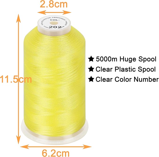 New brothread - Single Huge Spool 5000M Each Polyester Embroidery Machine Thread 40WT for Commercial and Domestic Machines - Lemon Yellow