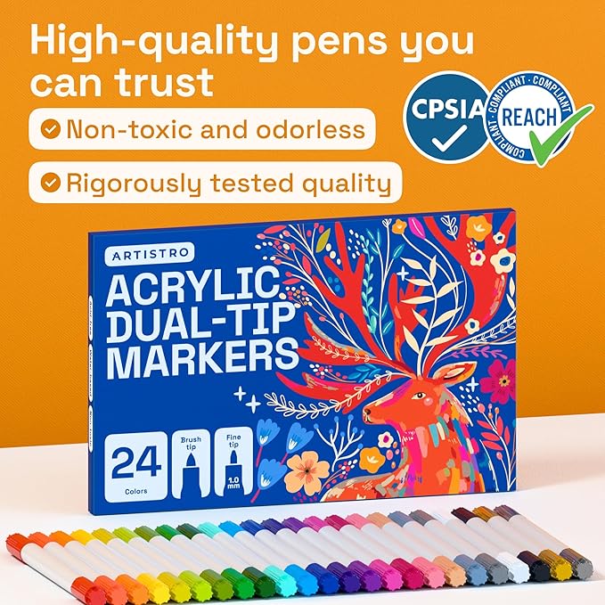 ARTISTRO 24 Acrylic Paint Markers - Paint Pens for Drawing, Brush + Fine Tips - For Fabric, Rock, Glass, Wood, DIY, Eggs - Art & Craft Supplies for Adults, Teens, Kids - Easter Basket Stuffers