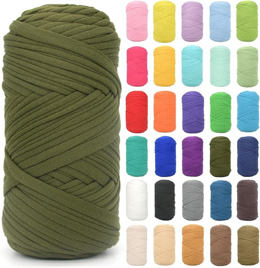 Tshirt Yarn for Crocheting,Army Green T Shirt Chunky Elastic Fabric Thick T-Shirt Crochet Yarn for Beginners Crocheting Hand Knitting Bag/Basket/Coasters/DIY Crafts/Home Decor 200G(Army Green