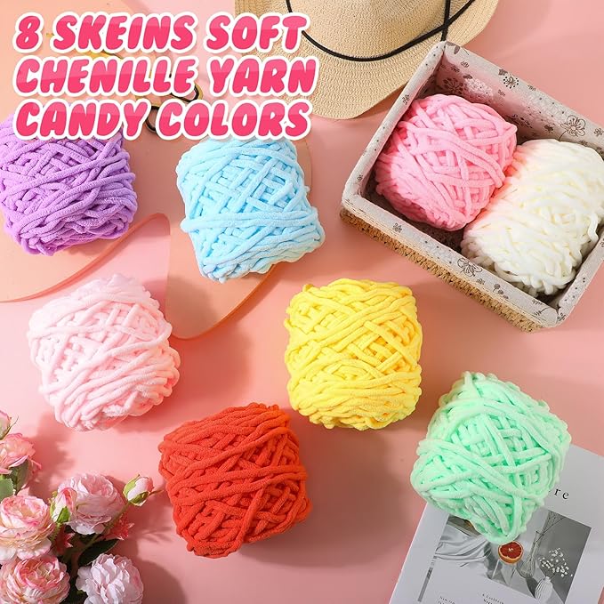 Buryeah 8 Pack Chunky Chenille Yarn for Crocheting Soft Thick Fluffy Yarn for Hand Knitting Bulky Velvet Blanket Plush for Weaving DIY Crafts Each 3.5 oz 55 Yards (Candy Colors)