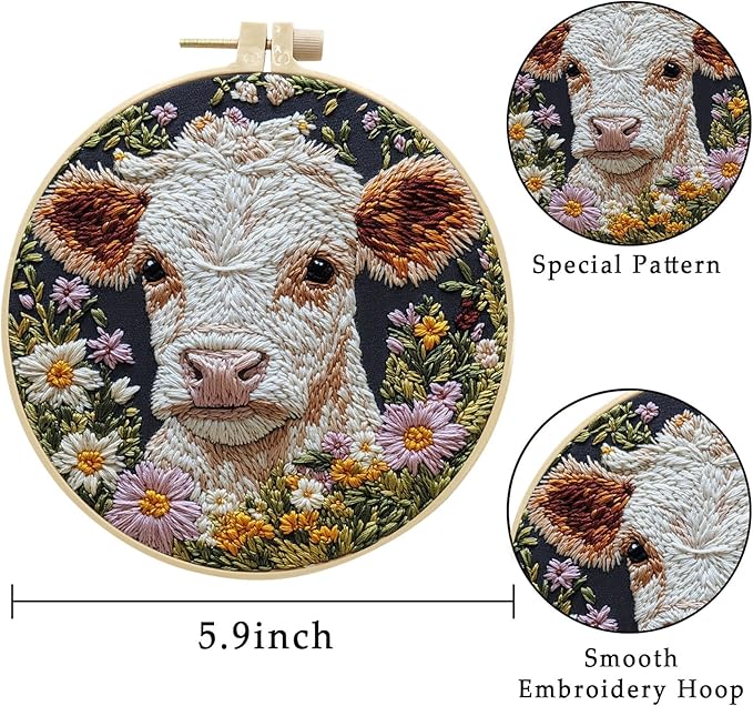 LB 4 Pack Farmhouse Cow Embroidery Kit for Beginners Rustic Floral Plant Beginner Embroidery Kit for Adults DIY Starter Kit with Embroidery Hoop Colorful Threads Tools and Instructions