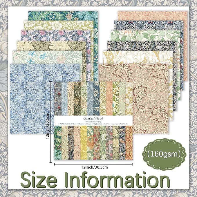24 Sheets Scrapbook Paper 12" Double-Sided Photo Backdrop Bohemian Patterned (Floral Design J)