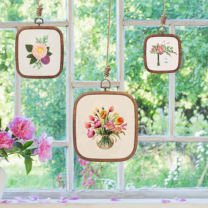 6 pcs square embroidery hoops set-decorative cross stitch hoop ring imitated wood display frame-circle hand embroidery kits for art craft sewing