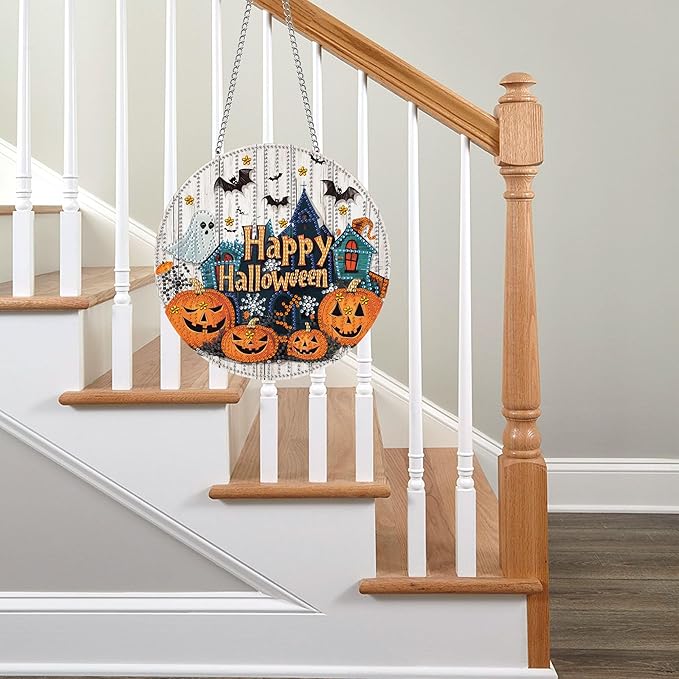 Pavemlo Hanging Diamond Art Kits for Adults Halloween Pumpkin – 8x8 Inch Double-Sided Acrylic Board DIY Crystal Diamond Suncatcher Pendant, Sparkling Home Wall or Window Decoration Handmade Gift