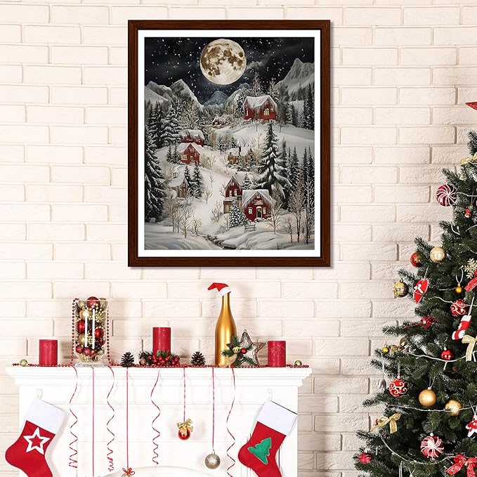 EMIEAUFG Christmas Diamond Art Kits for Adults, Christmas Snow Scenery Diamond Paiting Kit for Beginners, 5D DIY Round Full Drill Craft Diamond Dot Gem Art, Home Wall Decor 12" x 16"