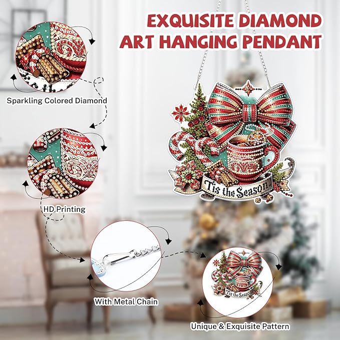 Bowetile Christmas Diamond Art Hanging Kits for Adults, Diamond Art Suncatchers Hot Tea, 5D Special Shape Diamond Painting Pendant Window Ornament Christmas Gifts for Home Door Wall Decor
