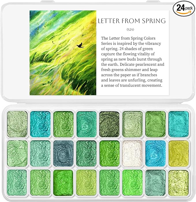 Mini Glitter Watercolor Paint Set with Paper, 24 Colors Shimmer Metallic Watercolour Painting Sets, Solid Pearl Water Color Paints for Adult, Green 1ml Trial Pack(Letter from Spring)