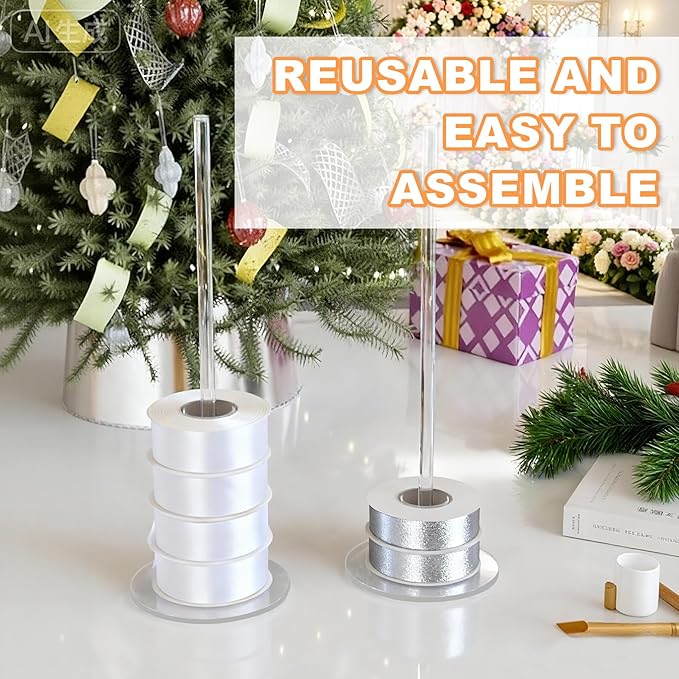 4Pcs Acrylic Ribbon Holder Rack,Washi Tape Organizer Wire Spool Stand Clear Acrylic Pack RibbonTape for for Sewing and Craft Rooms