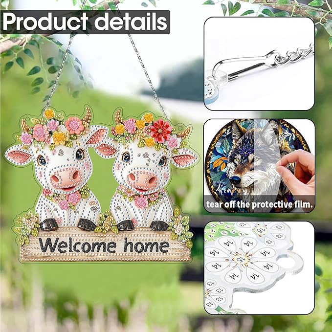 SKRYUIE Cattle Hanging Diamond Art Kits for Adults Pendant Suncatcher, Special Shaped Crystal DIY Pearl Diamond Painting Kit, Gift for Mother Spring Summer Window Wreath Decor 7.48 x 7.32 Inch A37