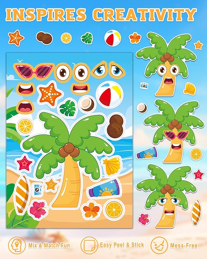 aowplc 48 sheets summer fun make-a-face sticker set for kids – create your own faces with beach, tropical & animal stickers – ideal summer crafts, party favors & creative activities