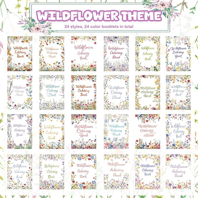 Liliful 24 Pcs Wildflowers Coloring Book Bulk for Adult Calm Supplies DIY Art Stress Relief Drawing Book with Colorful Flower Patterns for Favors Goodie Bag Filler and Holiday Gifts