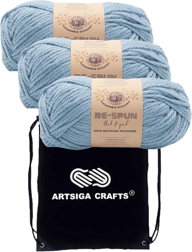 Lion Brand Re Spun Thick & Quick Faded Denim 843-106 (3-Skeins - Same Dye Lot) Weight S Bulky #6 Polyester Yarn for Crocheting and Knitting with Project Bag