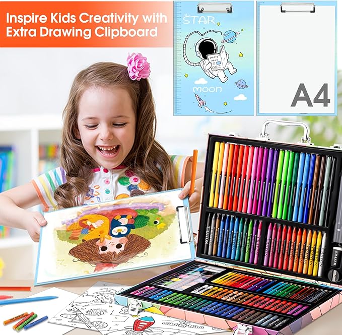 Art Supplies, 180 Pack Drawing Painting Set for Kids Girls Boys Teens, Coloring Art Kit Gift Case with Clipboard, Coloring Papers, Oil Pastels, Crayons, Colored Pencils, Watercolor Cakes, Markers