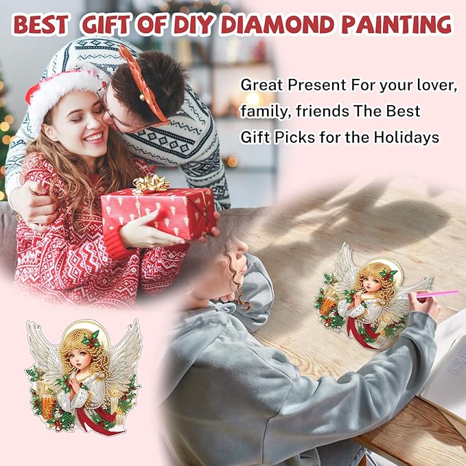 Bowetile Christmas Diamond Art Hanging Kits for Adults, Angel Diamond Art Suncatchers, 5D Special Shape Diamond Painting Pendant Window Ornament Christmas Gifts for Home Door Wall Decor