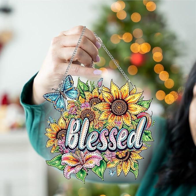 Kaliosy Sun Catcher Blessed Window Hanging - Outdoor Porch Decor, Flowers-Themed Diamond Art Ornament, Acrylic Board Diamond Painting for Wall Home Garden, Front Door Sign, Indoor Decor 8x8 inch