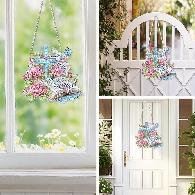 EOBROMD Diamond Hanging Art Kits for Adults Book, Diamond Art Painting Cross Window Pendant Kits Suncatchers, DIY Special Shaped Rhinestone Adults, Home Wall Decor