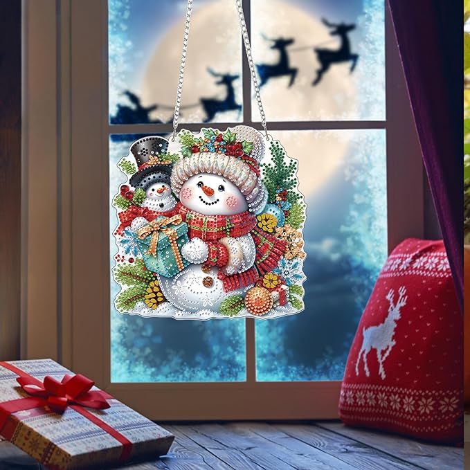 Bowetile Christmas Diamond Art Hanging Kits for Adults, Snowman Diamond Art Suncatchers, 5D Special Shape Diamond Painting Pendant Window Ornament Christmas Gifts for Home Door Wall Decor