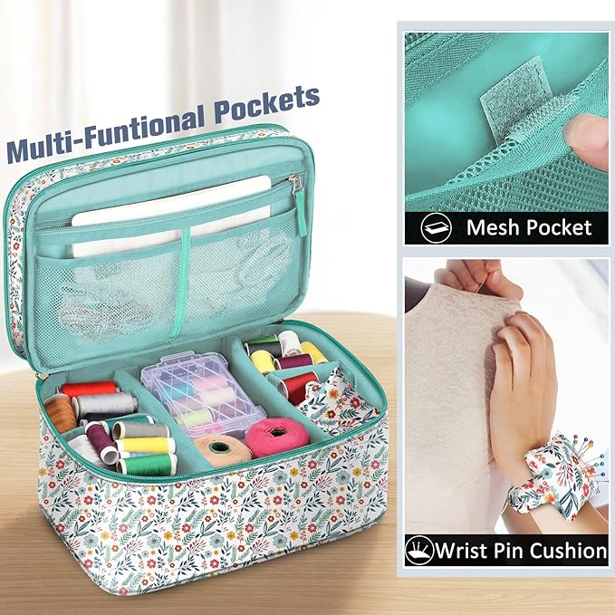 FINPAC Sewing Accessories Storage and Organizer Case, Double-Layer Sewing Kits Carrying Bag with Wrist Pin Cushion for Threads, Needles, Embroidery Floss Supplies, Felting Kits (Spring Bloom)