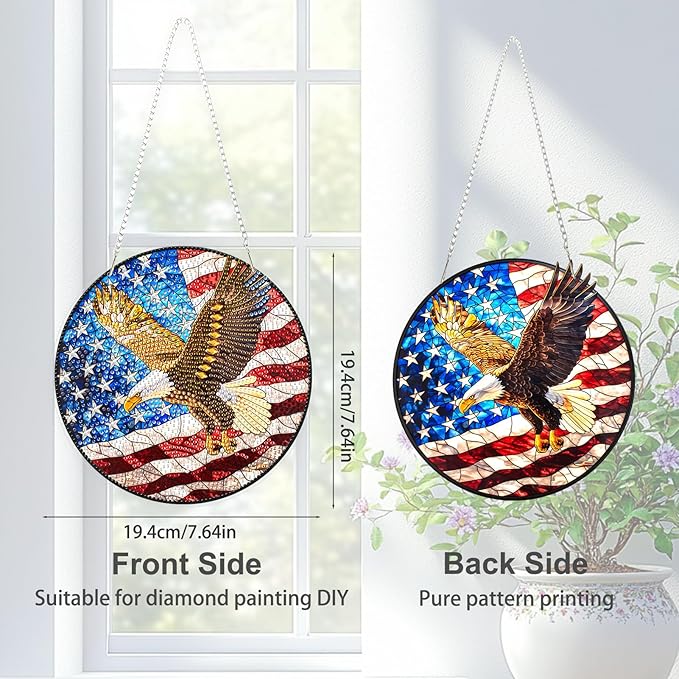 TOSTOG Eagle Diamond Art Hanging Kits for Adults, Flag Eagle Diamond Painting for Adults Window Pendant,Special Shape Diamonds Diamond Painting Hanging Pendant Kit for Wall Home Decor Gift
