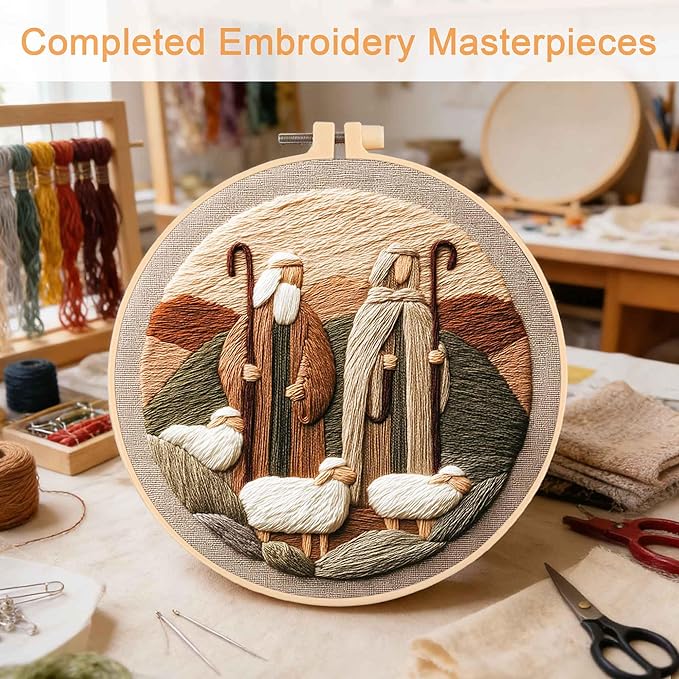 REEWISLY 4set Christmas Embroidery Kit for Adults Beginners, 4 Nativity Scenes with 2 Hoops, Counted Cross Stitch Kits with Floss & Needles, Beginner Embroidery Starter Kit for Handmade Holiday Decor