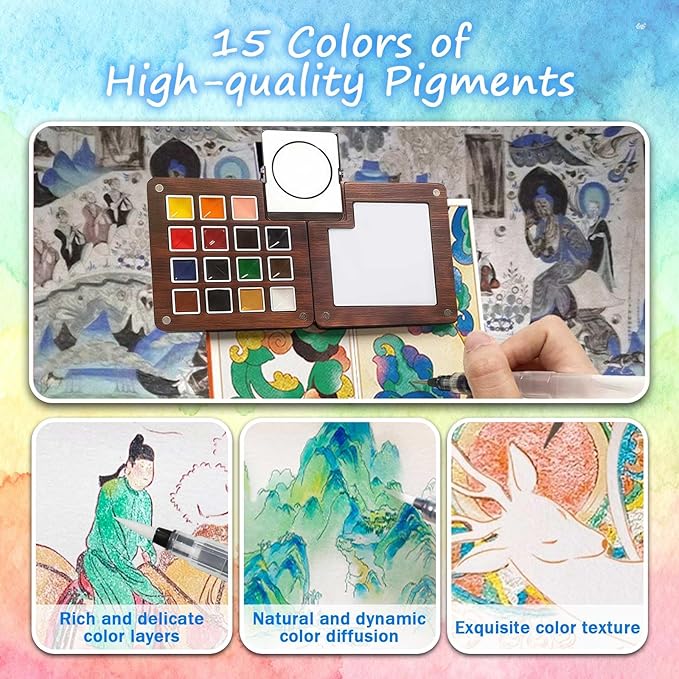 Esoes Mini Watercolor Travel Set - 15 Color Updated Wooden Water Color Paint Set, Portable Pocket Artist Painting Kit With Colors for Painters Artists Students