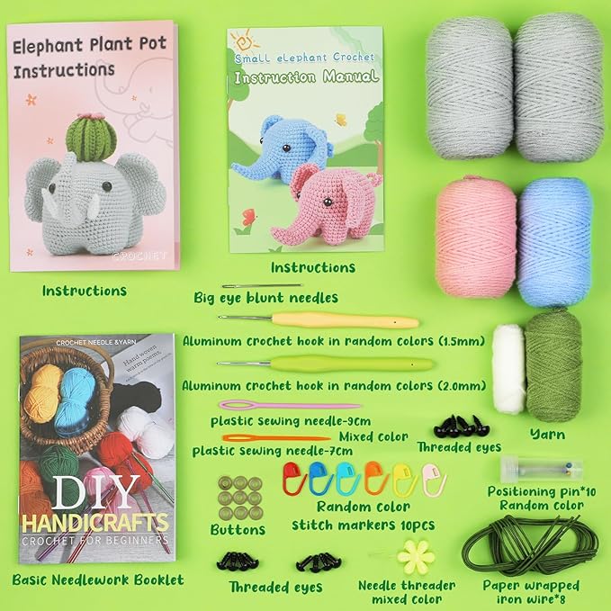 WONVOC Crochet Starter Kit, Beginner Crochet Kit for Adults, Step-by-Step Instructions, Video Tutorial, Knitting Supplies, for Creating Cute Elephant Family