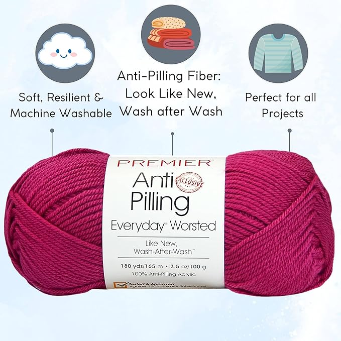 Premier Yarns Everyday Anti-Pilling Solid Berry DN100-75 (3-Skeins - Same Dye Lot) #4 Worsted Weight Acrylic Yarn for Crocheting and Knitting with Project Bag