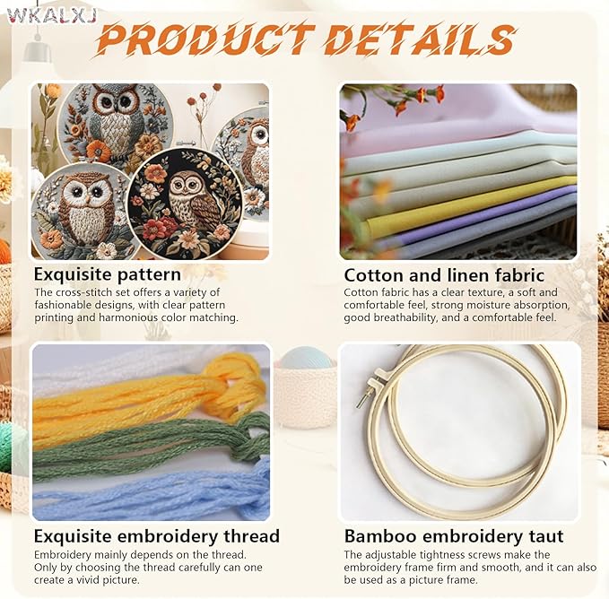 wkalxj 4 sets owl embroidery kit - 8.2" hoops, embroidery kit for beginners to advanced, cross stitch kits, needlepoint kits with instruction, video, needle point kits (advanced owl set)