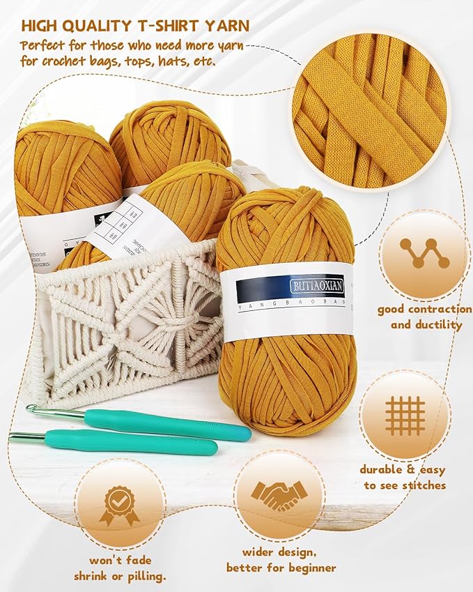 Katech 130 Yards T-Shirt Crochet Fabric for DIY Projects, 400g Spaghetti Yarn, Easy for Beginners (Turmeric)