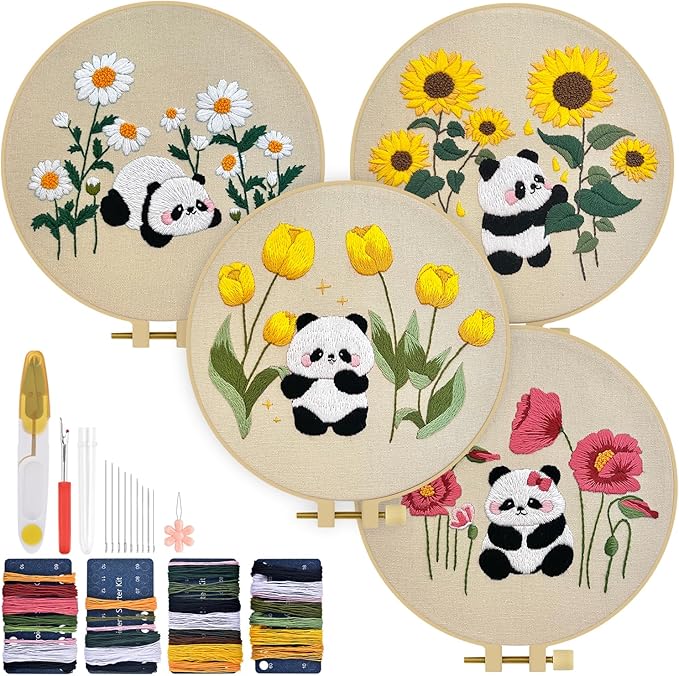 TINDTOP 4 Sets Embroidery Kit for Adult, Panda Embroidery Practice Kits for Beginners Include Embroidery Cloth Hoops Threads for Craft Lover Hand Stitch with Embroidery Skill Techniques